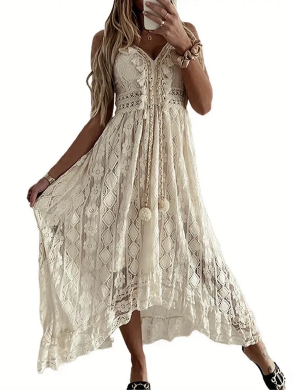 Summer Boho Lace Maxi Sundress in Cream